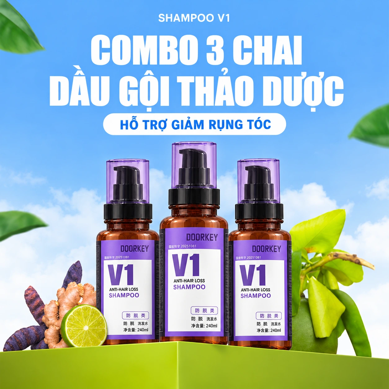 Combo 3 chai dầu gội thảo dược Shampoo V1, nền trời xanh