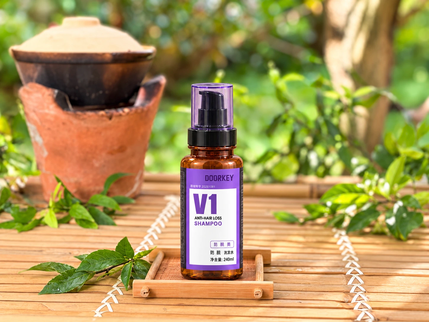 Dầu gội V1 trên bàn tre trong không gian thiên nhiên