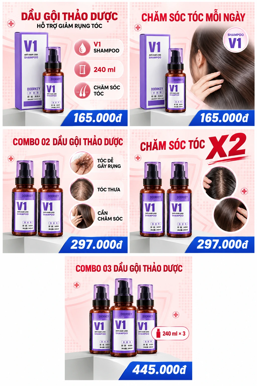 Bảng sản phẩm V1: 1 chai 165.000đ, combo 2 chai 297.000đ, combo 3 chai 445.000đ