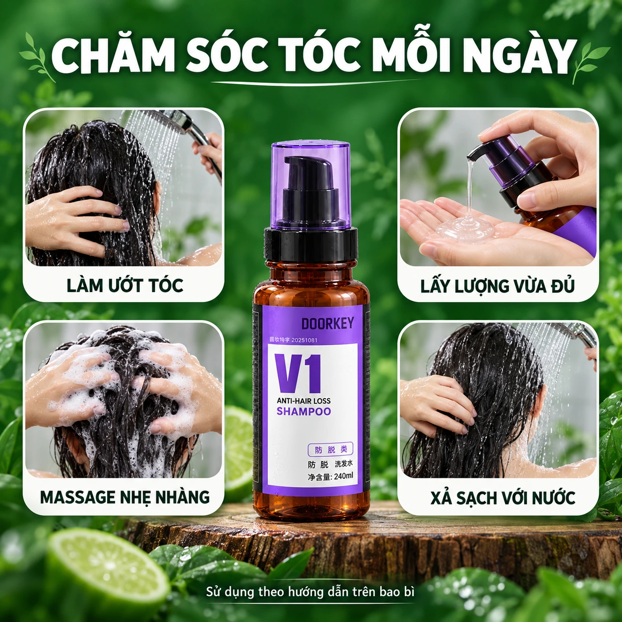 Các bước chăm sóc tóc: làm ướt, lấy lượng vừa đủ, massage nhẹ, xả sạch