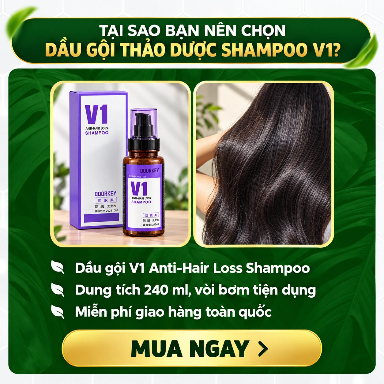 Tại sao chọn V1: chai 240 ml, vòi bơm tiện dụng, miễn phí giao hàng toàn quốc
